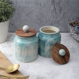 Set of 2 Leaf Patterned Ceramic Jars with Lids-image-90