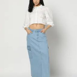 Women Lightly Washed Denim Straight Skirt-image-23