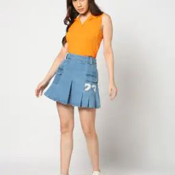 Women Lightly Washed Pleated Flared Denim Skirt-image-59