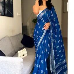 Women Linen Cotton Digital Printed Zari Border Saree With Blouse Piece-picture-0