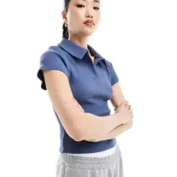 Women Waffle Texture Short Sleeve Fitted Polo Top-image-85