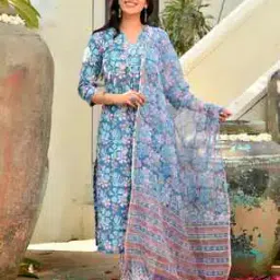 Women Floral Print Straight Kurta with Pants & Dupatta-image-70