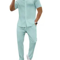 Men Mandarin Collar Shirt 2-Piece Sets-36