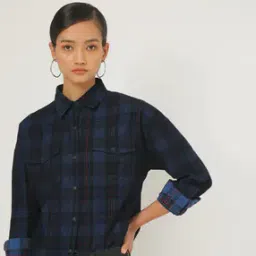 Women Checked Flap Pockets Blue Shacket-12