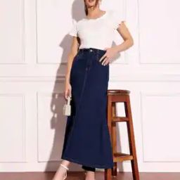 Flared Denim Maxi Skirt-image-80