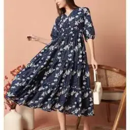 Women Printed V-Neck Gown Dress-image-5