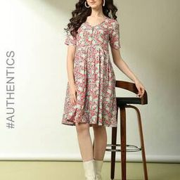 Handblock Print Pleated Cotton Dress-image-45