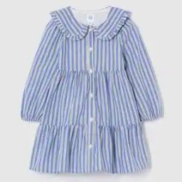 Girls Striped Cotton Tiered Dress with Peter Pan Collar-image-32