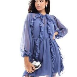 High-Neck Frill Mini Fit & Flare Dress-image-43