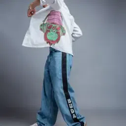 Men Heavily Washed Baggy Jeans with Logo-image-7