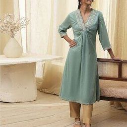 Women V-Neck Cotton A-Line Kurta with Embroidery-image-59