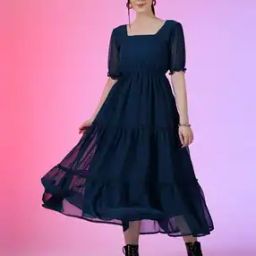 Women Tiered Dress with Puff Sleeves-image-98