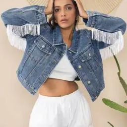 Women Regular Fit Denim Jacket with Fringes-picture-15