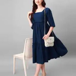 Women Fit & Flare Dress with Puff Sleeves-image-97