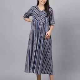 Striped V-Neck Fit & Flare Dress-6