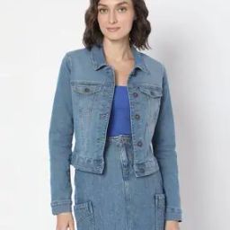 vero moda Women Washed Regular Fit Denim Jacket with Flap Pockets-picture-39