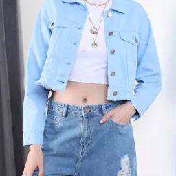 Shein Full Sleeves Frayed Hem Crop Denim Jacket-picture-25