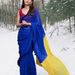 Women Colourblock Saree with Ruffled Border-image-32