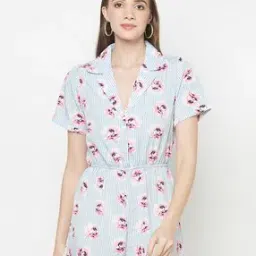 purple state Floral Print Crepe Playsuit with Lapel Collar-picture-22