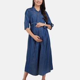 Solid Denim Maternity Dress With Feeding Pocket-picture-32