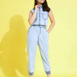 Girls Washed Jumpsuit with Patch Pockets-image-1