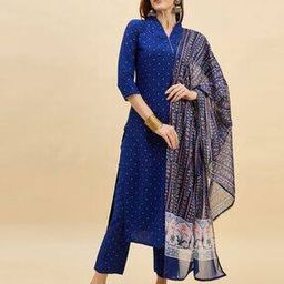 Women Polka-Dot Print Straight Kurta with Pants & Dupatta Set-image-21
