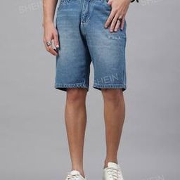 Shein Vintage Knee Length Fixed Waist Light Blue Denim Shorts with Pockets-image-8
