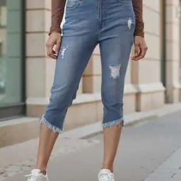 Shein Mid Wash Frayed Hem Distressed Skinny Fit Capri Jeans-image-90
