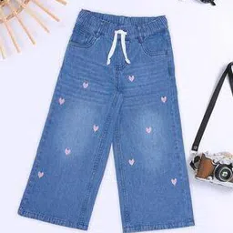 Girls Embroidered Wide Jeans with Drawstring Waist-image-4