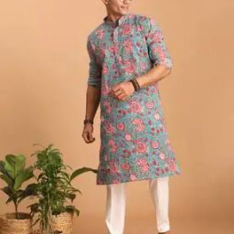 Men Floral Print Regular Fit Kurta with Mandarin-Collar-image-10