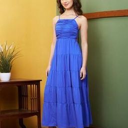 Women Square Neck Strappy Shoulder Cut-Outs Smocked Tiered Fit & Flare Maxi Party Dress-image-72