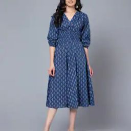 Printed V-Neck Fit & Flare Dress-image-57