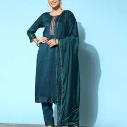 Women Embellished & Embroidered Straight Kurta Set with Dupatta-image-2
