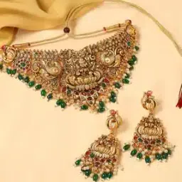 Gold-Plated Stone-Studded Necklace & Earrings Set-image-73