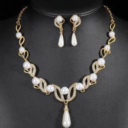 Gold-Plated Pearl Necklace & Earrings Set-43