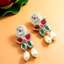 Silver-Plated Stone-Studded Drop Earrings-image-15