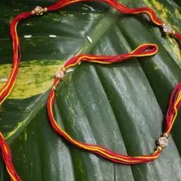 Tie-Up Fancy Rakhi Design with One Diamond Pendant Red Yellow Combination Mauli Thread Raksha Bandhan-47