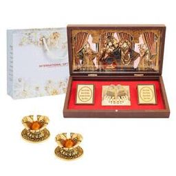 Gold-Plated Radha Krishna Charan Paduka Box with Diyas-10