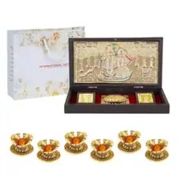 Gold-Plated Radha Krishna Charan Paduka Box with Diyas-image-9
