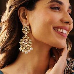 Kundan-Studded Drop Earrings with Pearl Drops-image-0