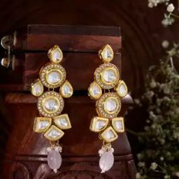 Women Gold-Plated Kundan-Studded Beaded Dangler Earrings-image-4