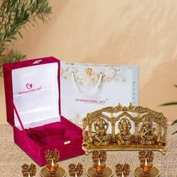 international gift Set of 6 Laxmi Ganesh Diyas with Golden Peacock Shape Laxmi Ganesh Saraswati God Idol & Velvet Box-picture-26