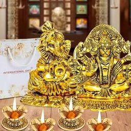 Set of 4 Hand Diyas with Golden Panchmukhi Ganesh Playing Shehnai God Idol & Velvet Box-26
