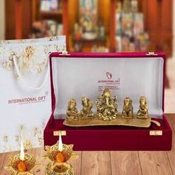 Set of 2 Jyot Diyas with Golden Musical Ganesh God Idol & Velvet Box-6