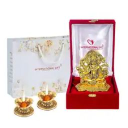 Set of 2 Hand Diyas with Golden Panchmukhi Ganesh Playing Sitar God Idol & Velvet Box-image-39