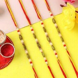 Men Set of 6 Gold-Plated Beaded Tie-Up Rakhis with Roli & Rice-image-91