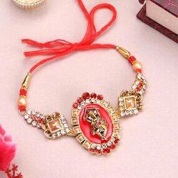 Gold Plated Ganesh Shaped Beads Stone-Studded Rakhi with Roli Chawal-image-7