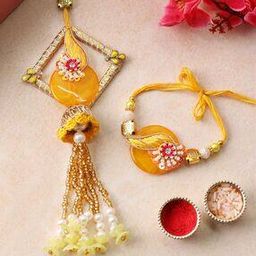 Set of 2 Gold-Plated Beaded Stone-Studded Tie-Up Rakhis with Roli Chawal-36