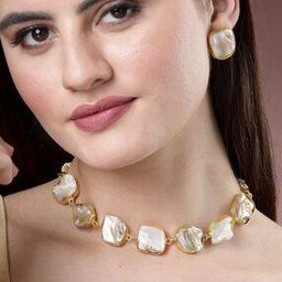 Women Gold-Plated Mother of Pearl-Studded Jewellery Set-image-65
