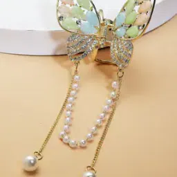 Women Gold-Plated Stone-Studded Pearl-Beaded Hair Clip-image-61